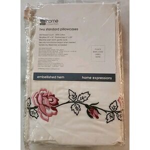 Pair NEW Soft White Embellished Hem Embroidered Pillow Cases WINSOME ROSE *READ*